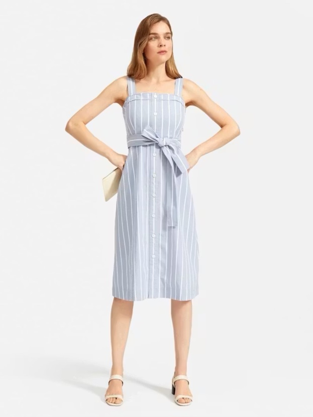 Everlane Cotton Weave Picnic Midi Dress Blue & White Striped Women's Size 6